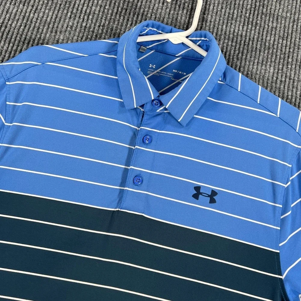 Under Armour Polo‎ Shirt Mens Medium Blue Striped Short Sleeve Loose Fit Heat